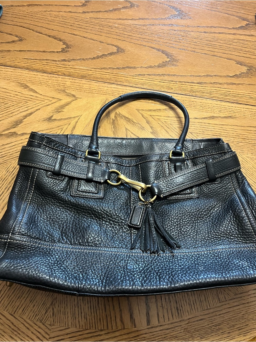 Coach Black Pebbled Leather Satchel with Tassel and Brass Hardware